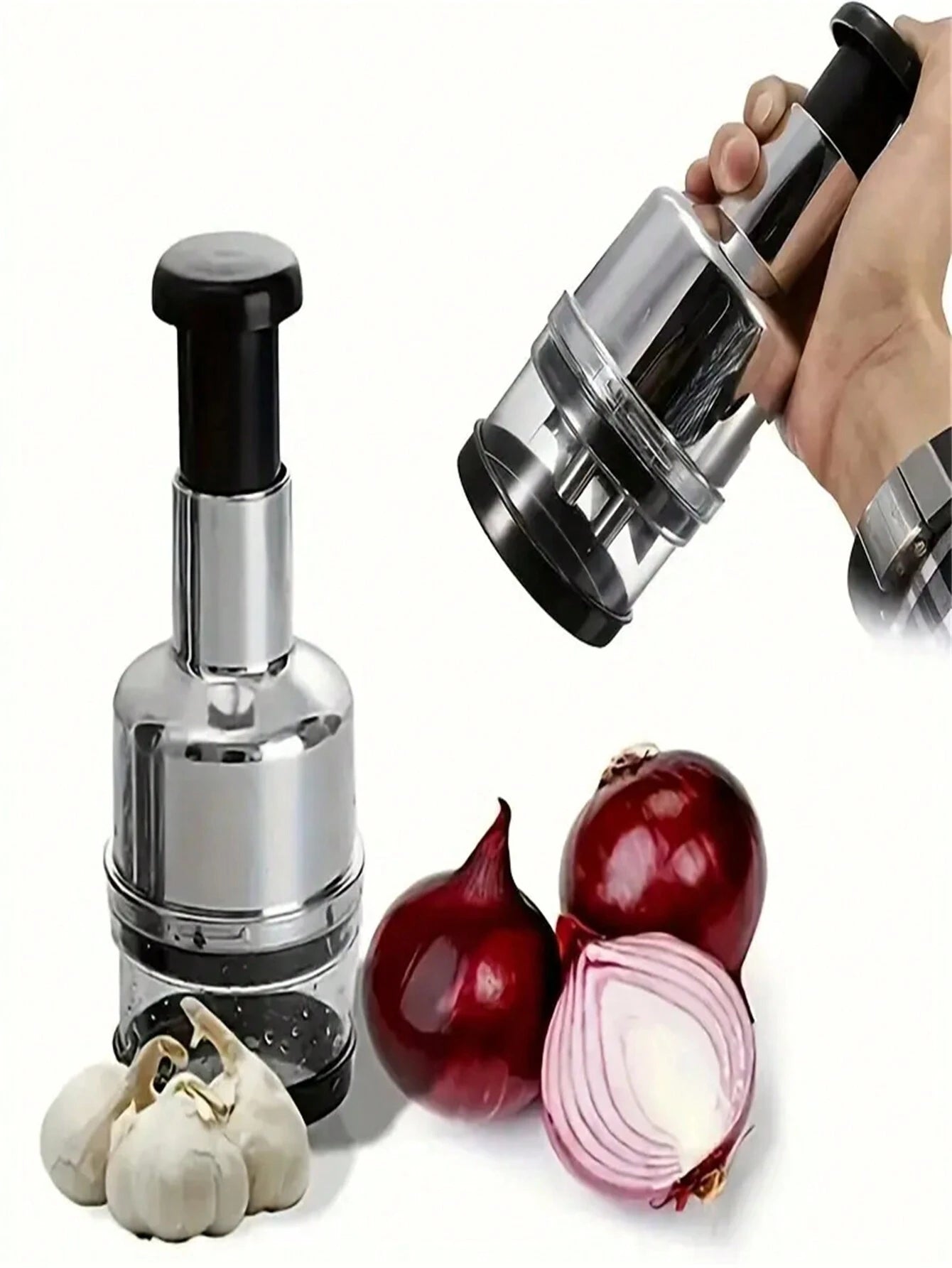 Multifunction Manual Veggie Chopper – Portable Onion, Garlic & Salad Slicer with Container